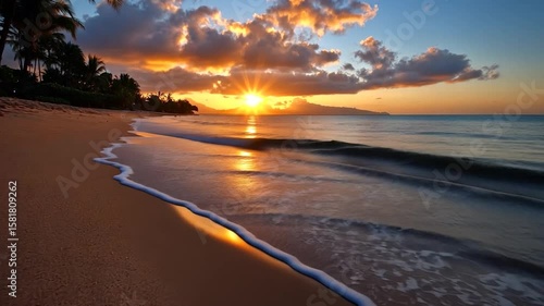 Vibrant sunset over a tropical beach. Golden sunlight reflects on the calm ocean waves washing ashore on a sandy beach. Palm trees are visible in the background under a cloudy sky