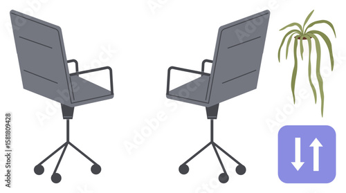 Two modern office chairs face away, a green hanging plant adds natural decor, and an adjustment icon indicates mobility or adaptability. Ideal for workspace design, work-life balance, ergonomics