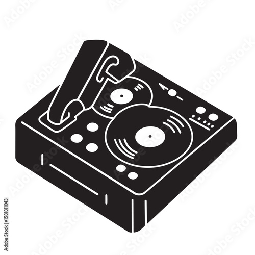 Minimalist isometric illustration of a dj turntable with vinyl records for music and sound concepts