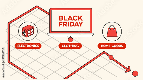 Illustration showing black friday sale with electronics clothing and home goods on a declining graph line