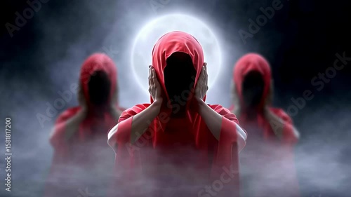 Animation. Mysterious figure in flowing red robe raises arms in a foggy environment, illuminated by a full moon, creating an eerie and dramatic atmosphere of ritualistic significance