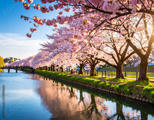 Serene Cherry Blossom Park: Beautiful Japanese Sakura Trees, Spring Bloom Landscape & Peaceful Outdoor Garden Scene for Travel

