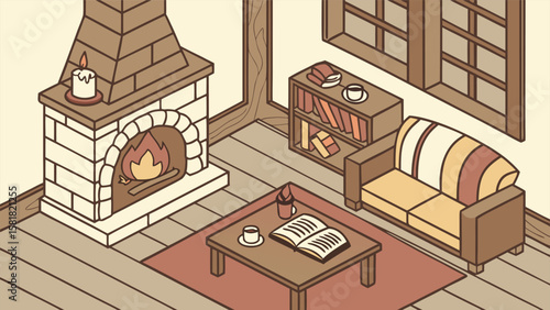 Isometric view of a cozy living room with fireplace, sofa, bookshelf, and coffee table setup nicely