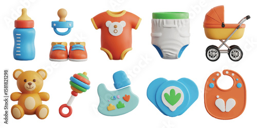 Collection of colorful 3D baby essentials icons including bottle, pacifier, onesie, shoes, diaper, stroller, teddy bear, rattle, and bib