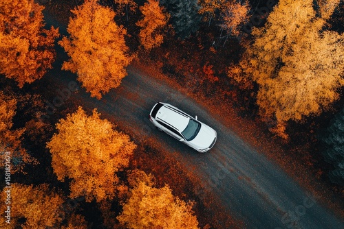 High-angle view of a white car on a gravel road through autumn trees