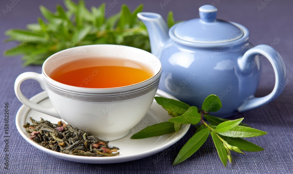 Warm Cup of Tea with Blue Teapot and Tea Leaves Warm Cup of Tea with Blue Teapot and Tea Leaves