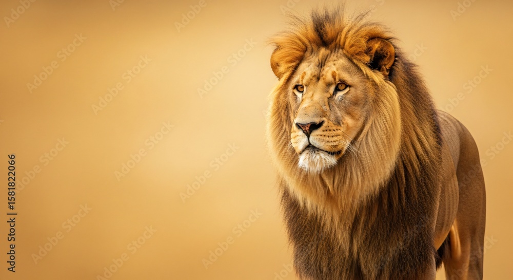 Fototapeta premium A portrait of a majestic male lion with a full mane looking regal on a golden background wildlife animal predator king cat africa safari