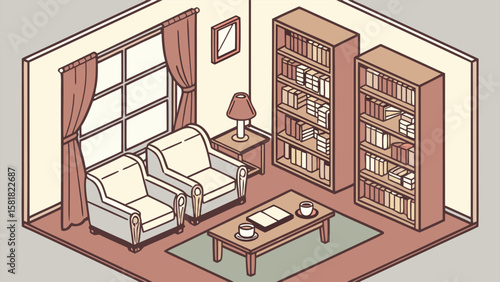 Isometric view of a cozy living room with bookshelves armchairs coffee table and window with curtains