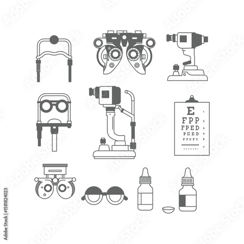 Eye Exam Equipment Icons Optometry Tools Chart Glasses and More