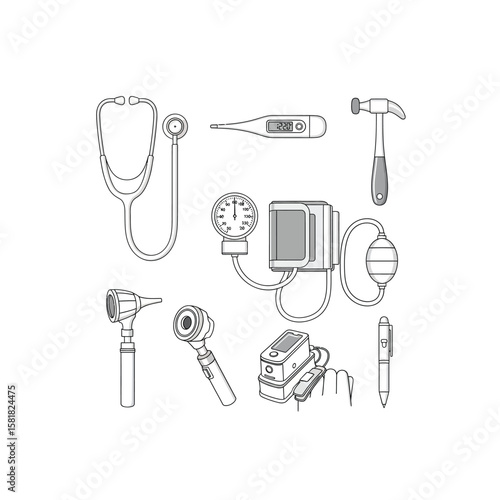 Medical Equipment Illustration Stethoscope Thermometer Blood Pressure Cuff Otoscope Hammer Pulse Oximeter Pen