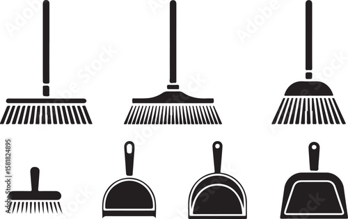 Cleaning Tools Vector Set Brooms and Dustpans for Housekeeping Illustrations