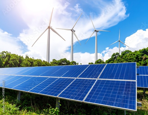 Wind turbines and solar panels in a landscape
