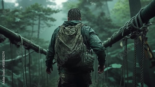 A man with a backpack walks across a precarious rope bridge in a lush, misty forest. The scene is dark, moody, and atmospheric, emphasizing a sense of adventure and suspense