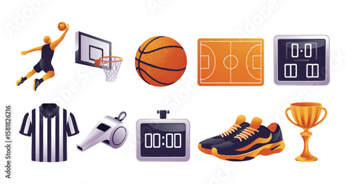 Collection of 3D basketball-themed icons featuring player dunk, hoop, ball, shoes, scoreboard, whistle, stopwatch, and trophy