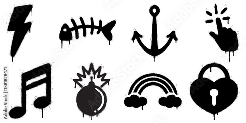 Graffiti Spray Icons Set. Urban Street Art Symbols Collection. Includes a lightning bolt, fishbone, anchor, hand click, music note, bomb, rainbow, and heart shaped padlock.