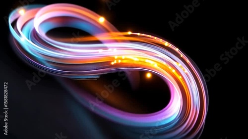 Abstract swirling light trails in blue, purple, and orange hues against a black background. The light forms a continuous, flowing, infinity symbol-like shape