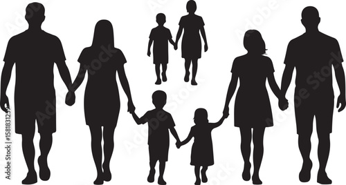 Family Silhouette Walking Together Holding Hands Vector Illustration Art