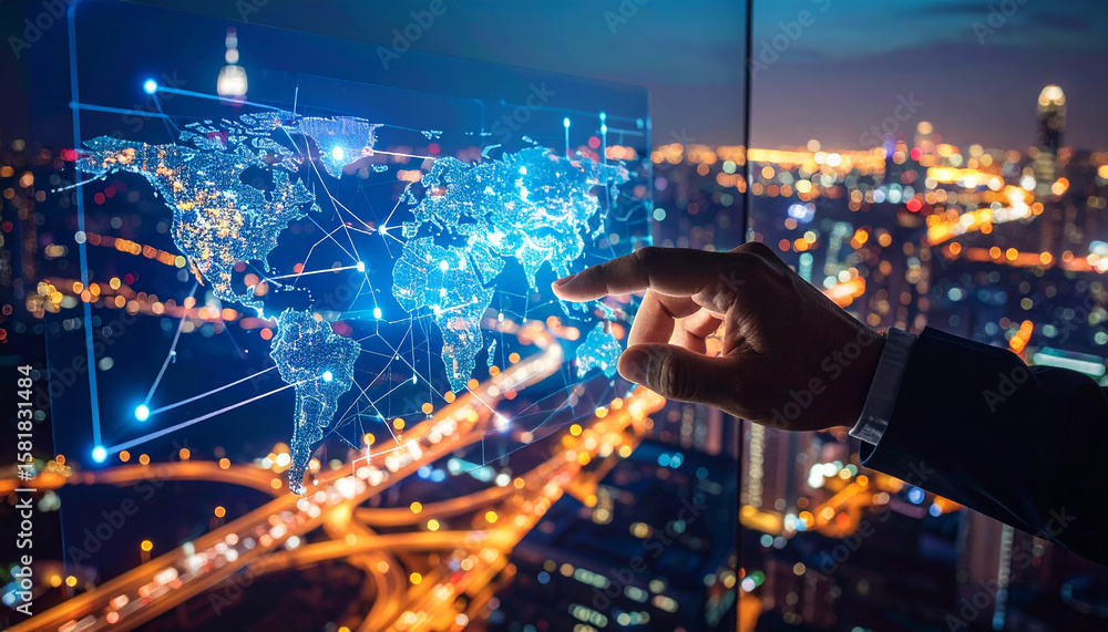 Fototapeta premium Global Tech Interaction: A visionary individual explores a cutting-edge digital interface displaying a globe map, set against the backdrop of a modern cityscape.