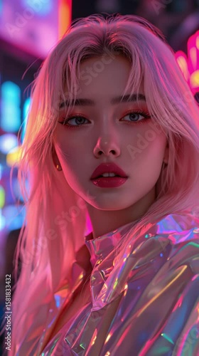 Korean beauty with pink hair and glowing skin in neon pink and blue light