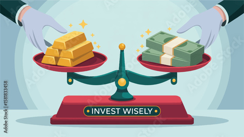 Balance scale comparing gold bars and cash, with "INVEST WISELY" text, symbolizing financial strategy, value assessment, and wise decisions