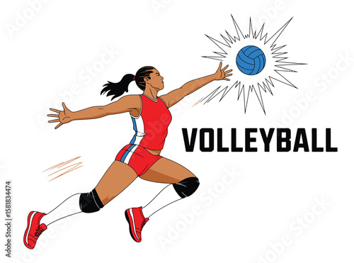 3D illustration of a volleyball player in action wearing red uniform and knee pads, reaching to hit a flying ball with bold sport typography
