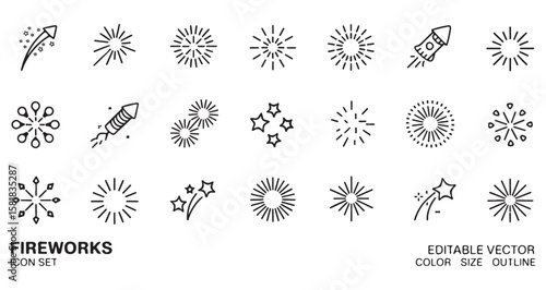 Set of 20 editable fireworks icons in vector style featuring starbursts, rockets, and sparkles for festive, celebratory design themes