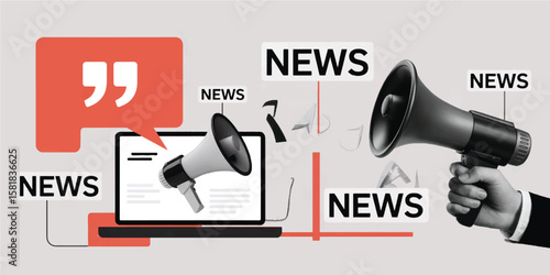 3D illustration of digital news communication with laptop, megaphone, and speech bubbles symbolizing online media and information sharing