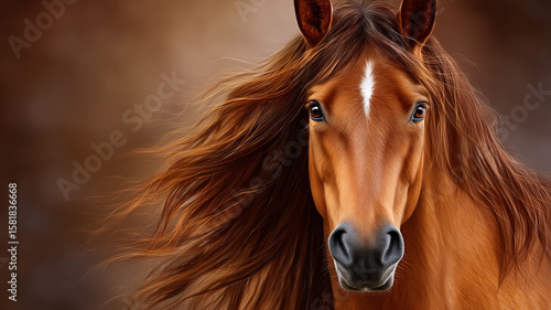Closeup of a horses head with windblown mane