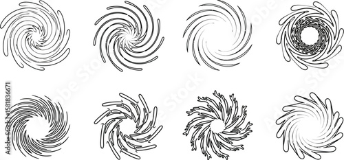 Collection of abstract swirling vortex elements with modern spiral designs for motion or sci-fi themed visuals