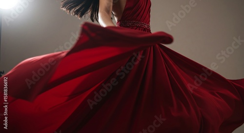 Elegant Red Dress Flared Skirt Woman Dancing in Studio with Dramatic Lighting