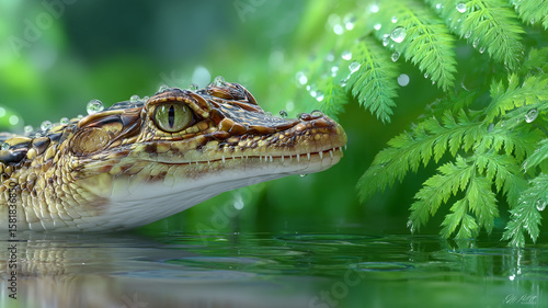Young crocodile with water droplets on its scales