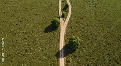 Aerial View of Winding Dirt Road with Trees in Green Field in Sunny Day