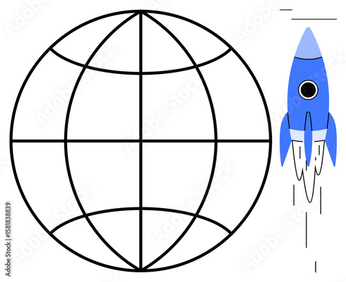 Blue rocket soaring near outlined globe, symbolizing exploration, innovation, ambition, technology, adventure, progress, leadership. Ideal for startups success global reach connectivity simple