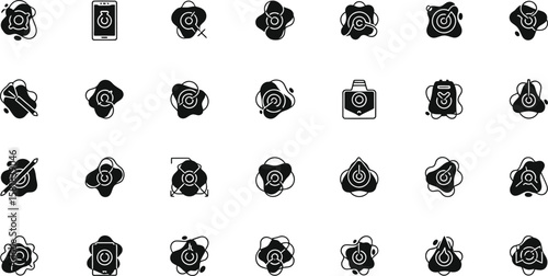 Modern flat black glyph icons representing diabetes tools, blood sugar testing devices, insulin, and medical care