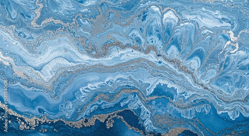 Abstract Blue Marble Texture in White and Silver with Fluid Swirls and Gold Accents