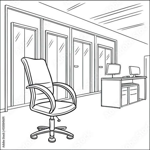 Modern office interior featuring a swivel chair and desks with computers