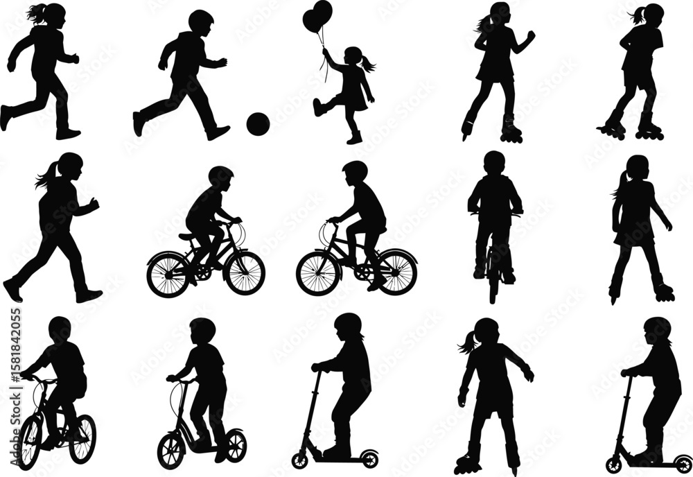 Fototapeta premium Collection of children silhouettes engaged in various outdoor activities and sports