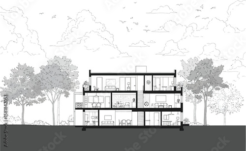 Architectural cross section drawing of a modern multi story lake side home
