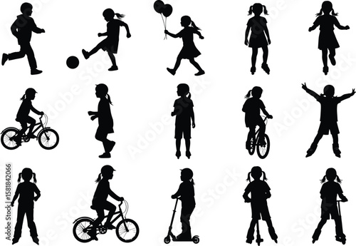 Collection of silhouettes of children engaged in various outdoor activities