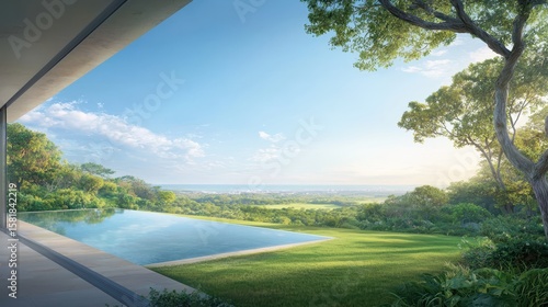 Luxury pool in a lush green garden, tranquil escape for ultimate relaxation