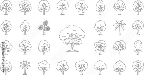 Tree Types Vector Set with Outlines of Various Foliage Shapes for Forest, Ecology, and Nature