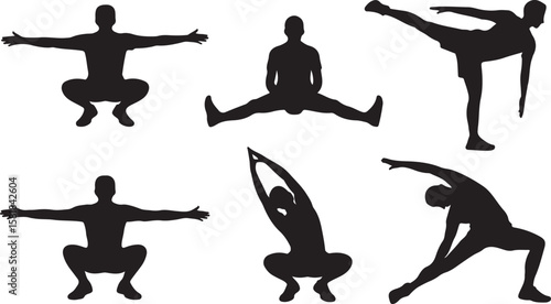 Yoga Poses Silhouette Set Stretching Exercise Fitness Wellness Vector Art