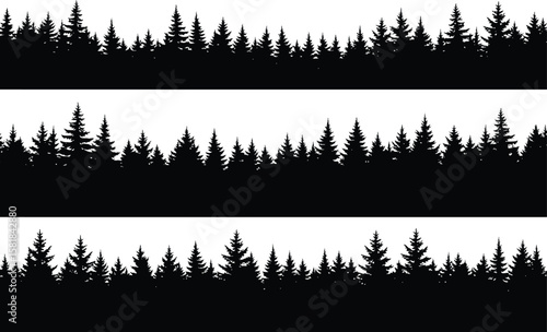 Seamless silhouette forest landscape with multiple rows of pine trees