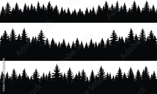 Seamless silhouette forest landscape with multiple rows of pine trees