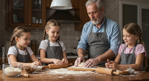 Grandfather and Three Young Girls Baking Dough in Kitchen Family Scene