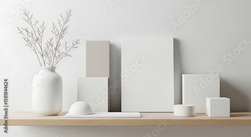 Wallpaper Mural A minimalist composition of a white vase with dried branches and various geometric shapes on a wooden shelf Torontodigital.ca