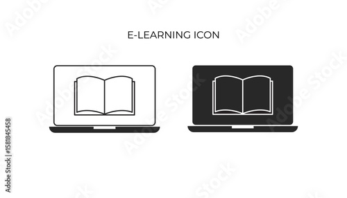 Iconic representation of online courses: laptops showing open books, available in both line art and solid fill variations.