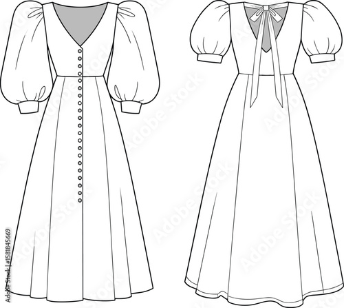 Vintage long puff sleeve dress flat sketch, front and back view, button down, bow tie detail, CAD fashion illustration