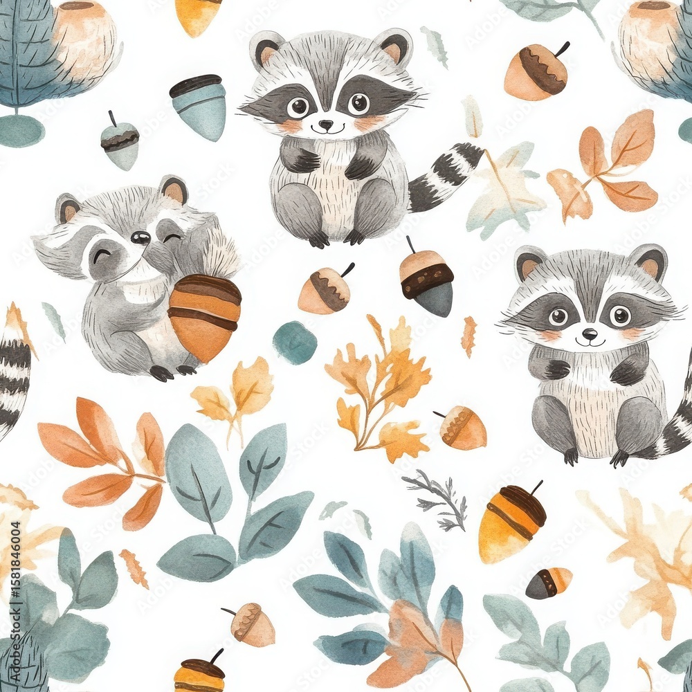 Fototapeta premium Adorable Watercolor Raccoons and Autumn Leaves Seamless Pattern