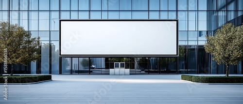 Large Blank Horizontal Billboard on Modern Glass Office Building Exterior for Advertisement, Branding, or Promotional Display Mockup